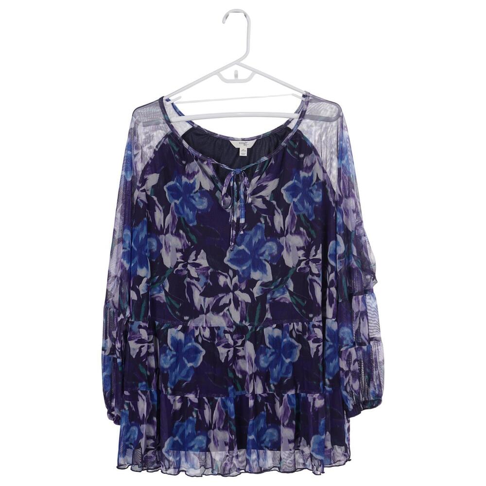 Terra & Sky Top 2X Purple Blue Floral Print Mesh Tie-Neck Casual Peasant